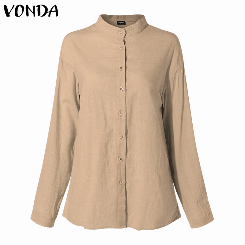 Beige VONDA новые женские блузки летние офисные женские белые рубашки с рукавами-фонариками и пуговицами глубокий v-образный вырез белая блузка сексуальные топы размера плюс - Цвет: Beige