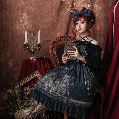 

JSK Gothic Lolita Vintage Court Dress Elk Castle Printing Lace Dress Lolita Cos Boat-neck Chiffon Flare Sleeeve Shirt Petticoat
