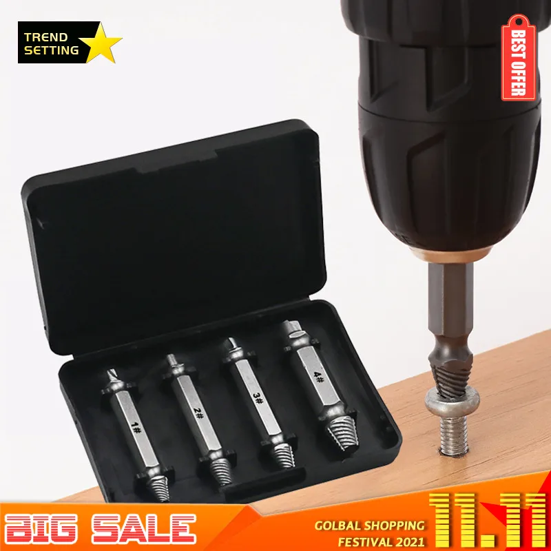 

4pcs HSS Double Side Drill Out Damaged Screw Extractor Bits Set Guide Wood Broken Speed Out Easy Bolt Stud Stripped Removal Tool
