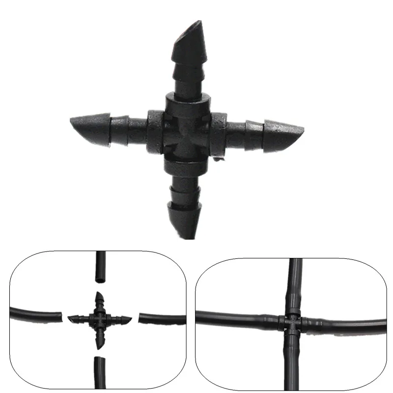 

100PCS 1/4'' Cross Connecter for 4/7mm Micro Tubing Hose 4 Ways Barbed Adapter Drip Irrigation Cross Joint Connectors