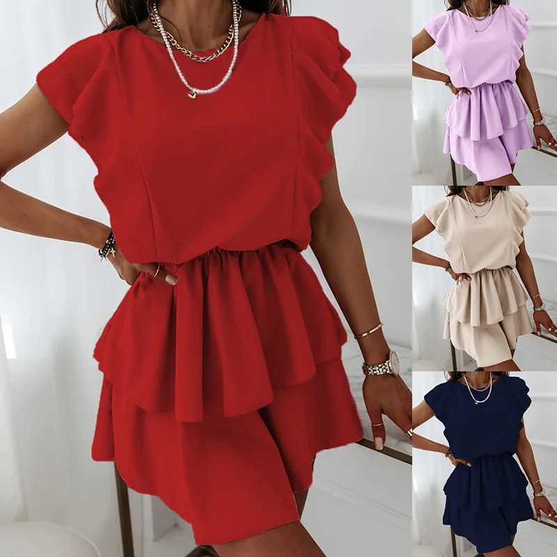 

Fashion Women Summer Solid Color A-Line Dress Shrinkage Design Ruffles Decor O-Neck Sleeveless Mid Waist Slim Mini Dress