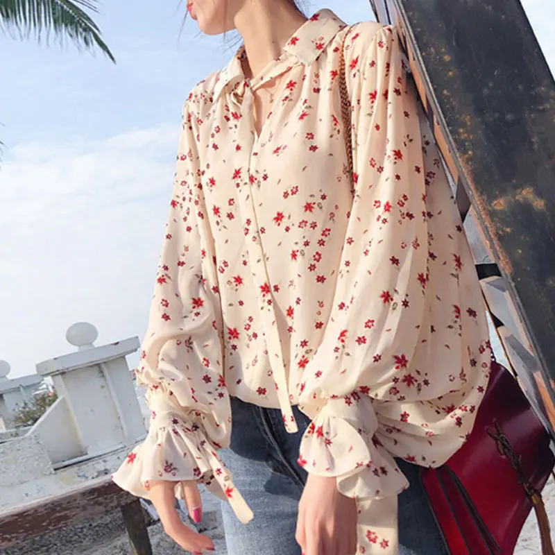 2020 High Collar Blouse Fashion Ladies Floral Long Sleeve Casual Shirt Top Loose Sleeve Printed Neck Blouse Shirt Top