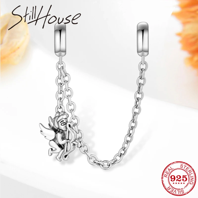 Real 925 Sterling Silver charms Bead Eros Cupid Spacer Safety Chain Fit Original European Charm Bracelet Jewelry making | Украшения и