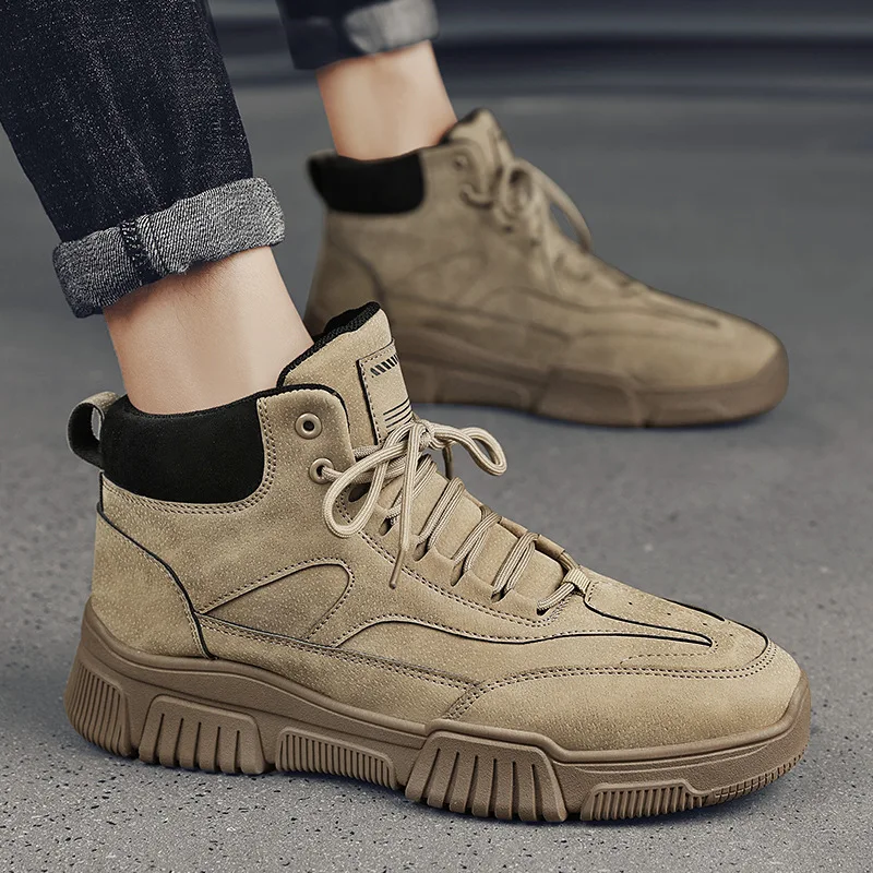 

Men Boots Sports Shoes High Gang PU Solid Color Lace Round Shape Antislip and Waterproof Increase Men Tooling Leather Boots