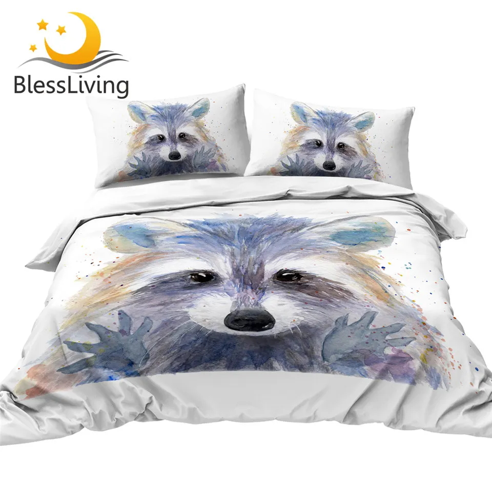

BlessLiving Raccoon Bedding Set Animal Quilt Cover Watercolor Bedspreads for Kids Bedroom Cute Bedclothes Home Textiles Queen