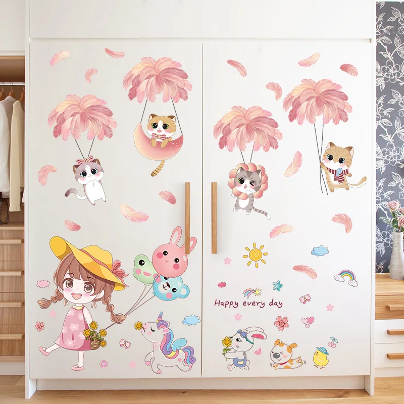 

[shijuekongjian] Cats Feathers Wall Stickers DIY Girl Animals Wall Decals for Kids Room Baby Bedroom Nursery Home Decoration