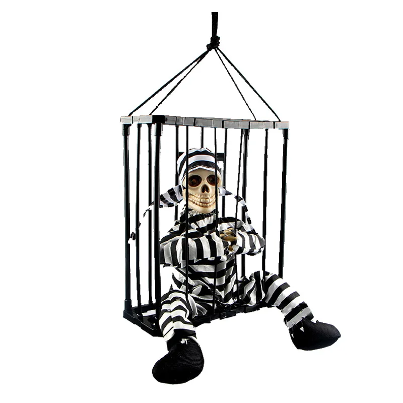 

Halloween Haunted House Horror Props Trick Toy Infrared Sensing Luminous Sound Cage Dead Prisoner Prison Hanging Ghost