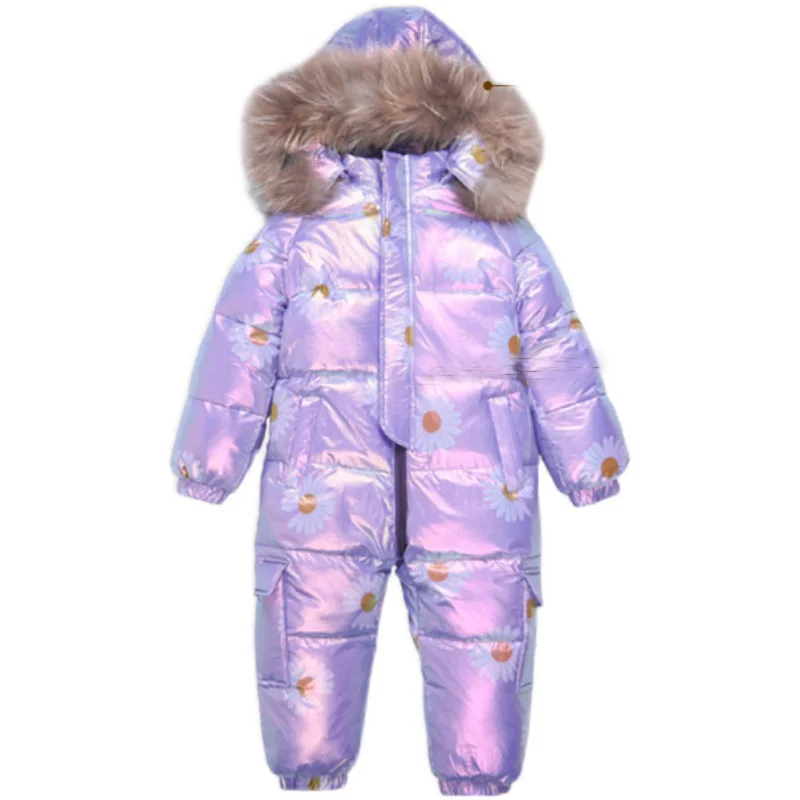 Girls jumpsuit down suit for children winter ski suit - natural raccoon fur collar in 30 degree shine fabric