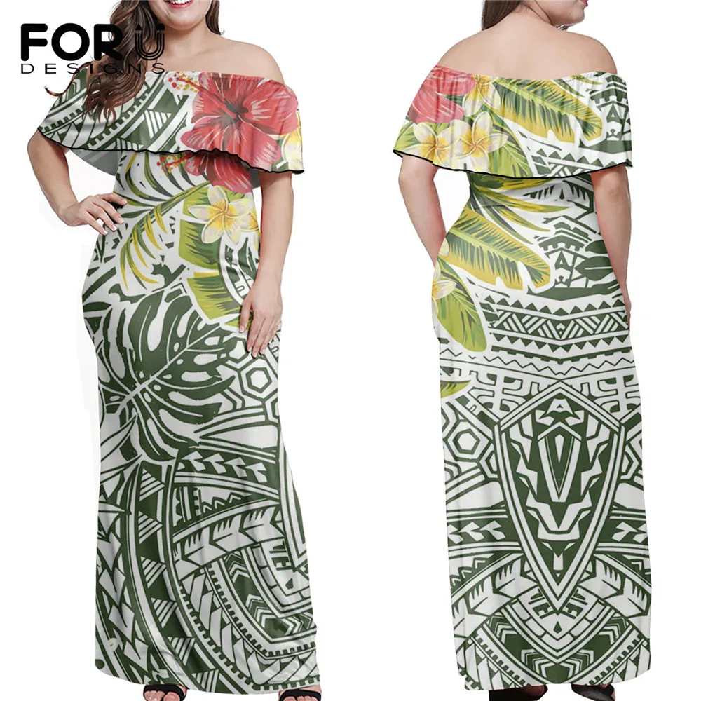 

FORUDESIGNS Green Polynesian Print Off Shoulder Maxi Dresses for Women Hawaii Hibiscus Plumeria Pattern Lady Elegant Party Dress