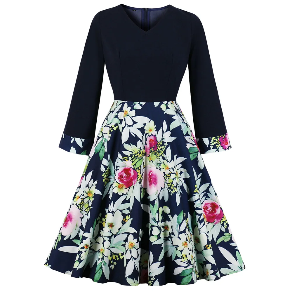 Женское винтажное платье в стиле ретро с V-образным вырезом и длинным рукавом |