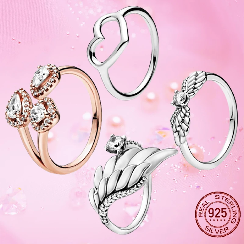 

Trendy 925 Sterling Silver Rings Sparkling Angel Wings Polished Open Heart Geometric Shapes Open Rings Women Anniversary Jewelry