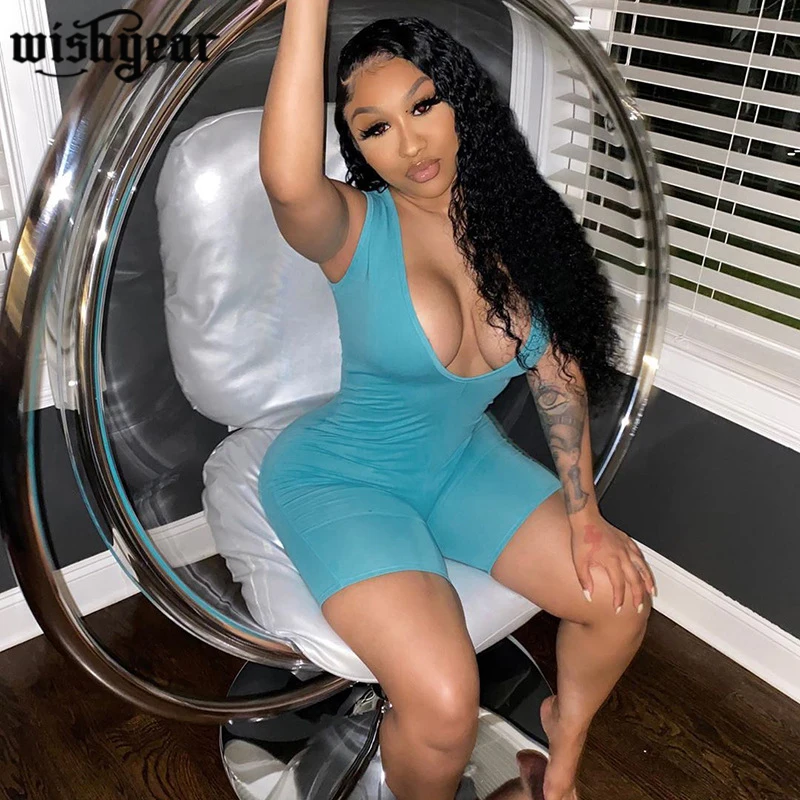 

Sexy V-neck Low Cut Biker Short Playsuits Sleeveless Jumpsuit For Women 2020 Summer Basic Solid Color Female Workout Active Wear