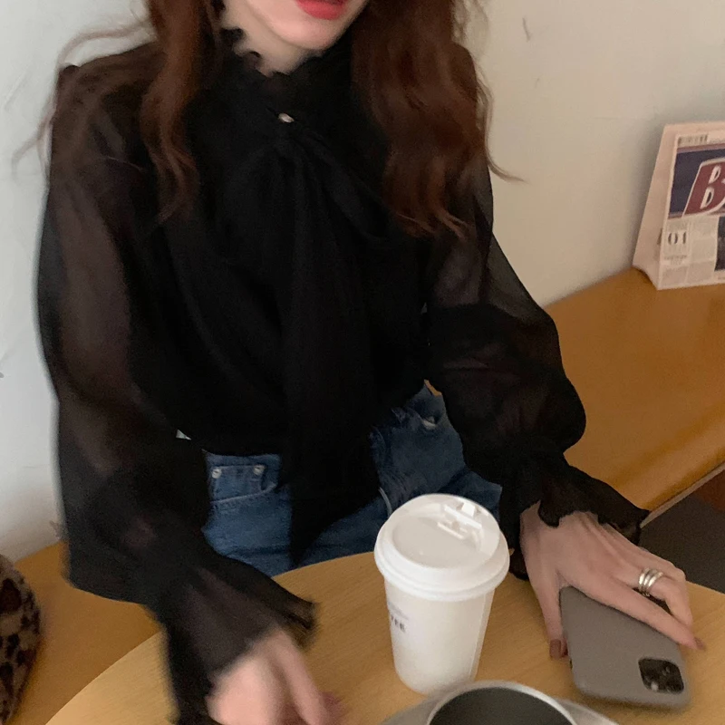 

Harajuku Streetwear Ruffles Gentle All Match Casual OL Hot Loose High Quality Blouses Bow Office Lady Pullovers Shirts