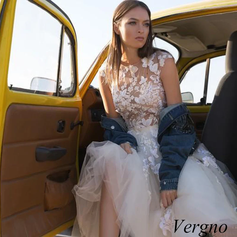 

Verngo 2020 Modern Short Wedding Dresses Lace Applique Delicate Bride Dress A Line Outdoor Weeding Dress Custom Made Cheap