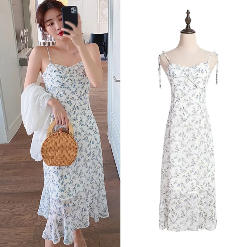 

Summer Korean Style Holiday Casual Dress for Women Floral Pattern Split Design Sling Ladies Mid-Calf Dress