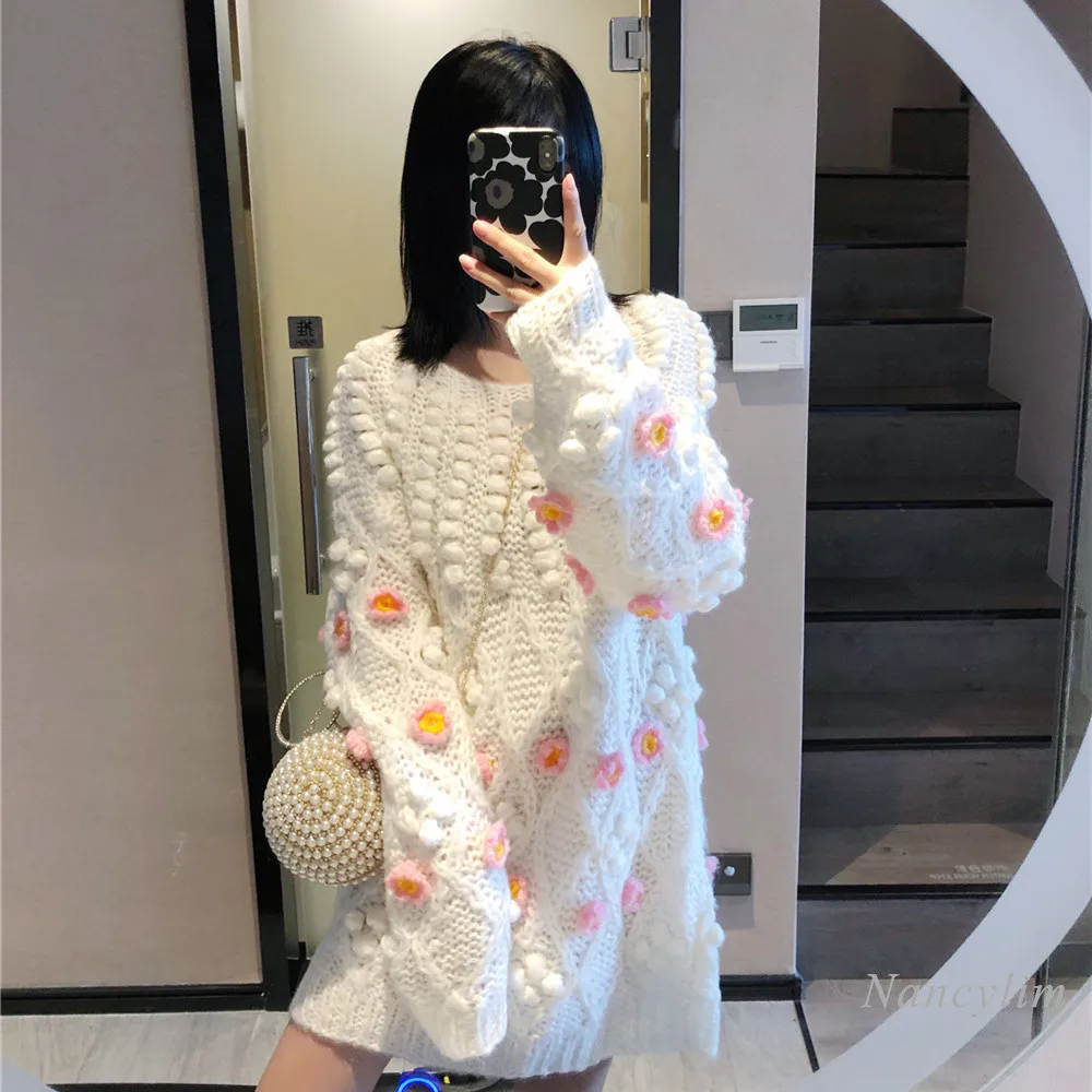 

2020 Autumn Winter New Handmade Thick Knit Thread Three-Dimensional Hook Flower Long Sweater Women Fashion Beautiful Pullovers
