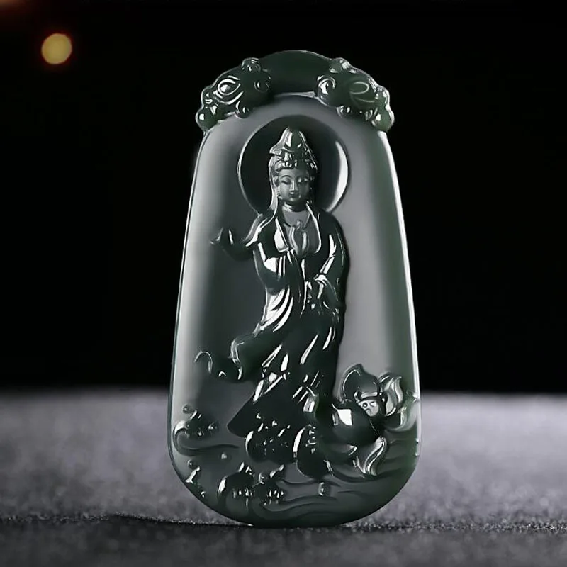 Натуральный подлинный кулон Hetian из нефрита черный Гуаньинь ручная работа