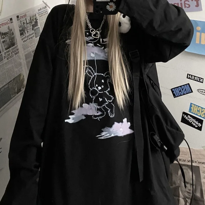 

QWEEK Cartoon Print Tshirt Women Korean Style Fashion 2020 T Shirt Women Long Sleeve Black Loose Tops Graphic Tee Woman Tshirts