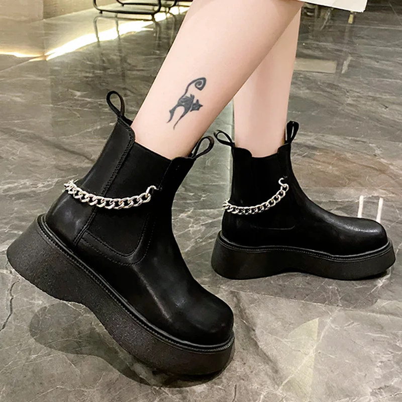 

Женские повседневные ботильоны на среднем каблуке, с круглым носком, на платформе, с металлическим украшением, осень 2021