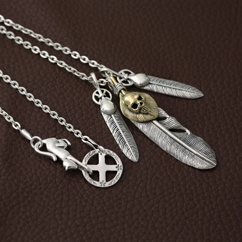 Мужские женские серебряные ожерелья 100% Настоящее серебро 925 пробы череп перо