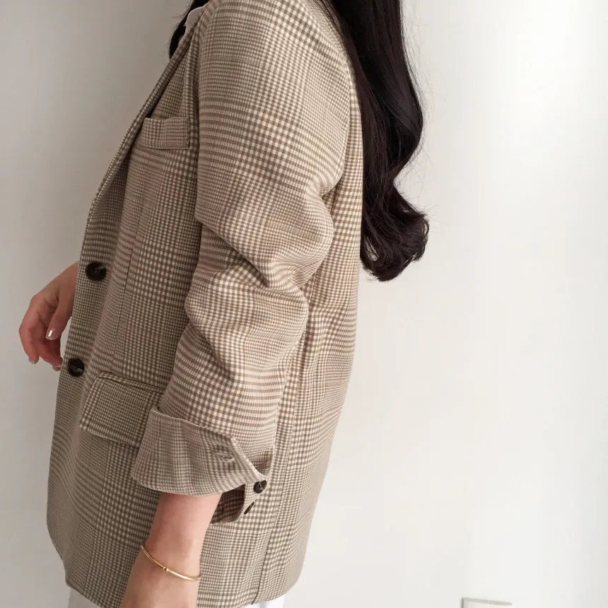 

Jacket Casual Vintage Female Suits Coat Outerwear Office Lady Notched Collar Plaid Women Blazer Spring Autumn
