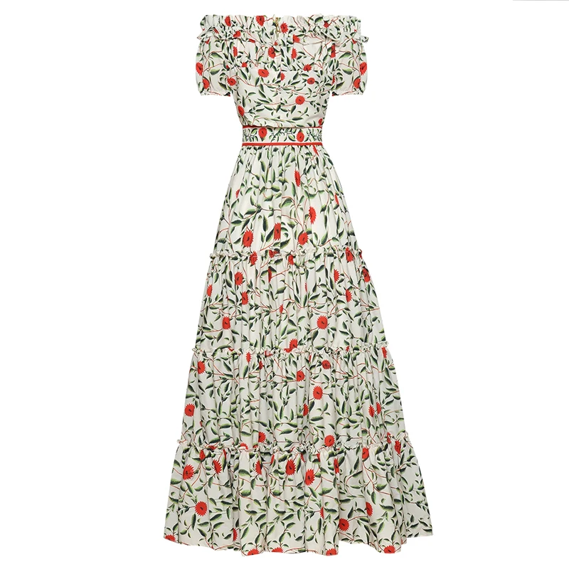 

Женский дизайнерский костюм из двух предметов, повседневный эластичный костюм из топа с круглым вырезом и длинной юбки с винтажным цветочн...