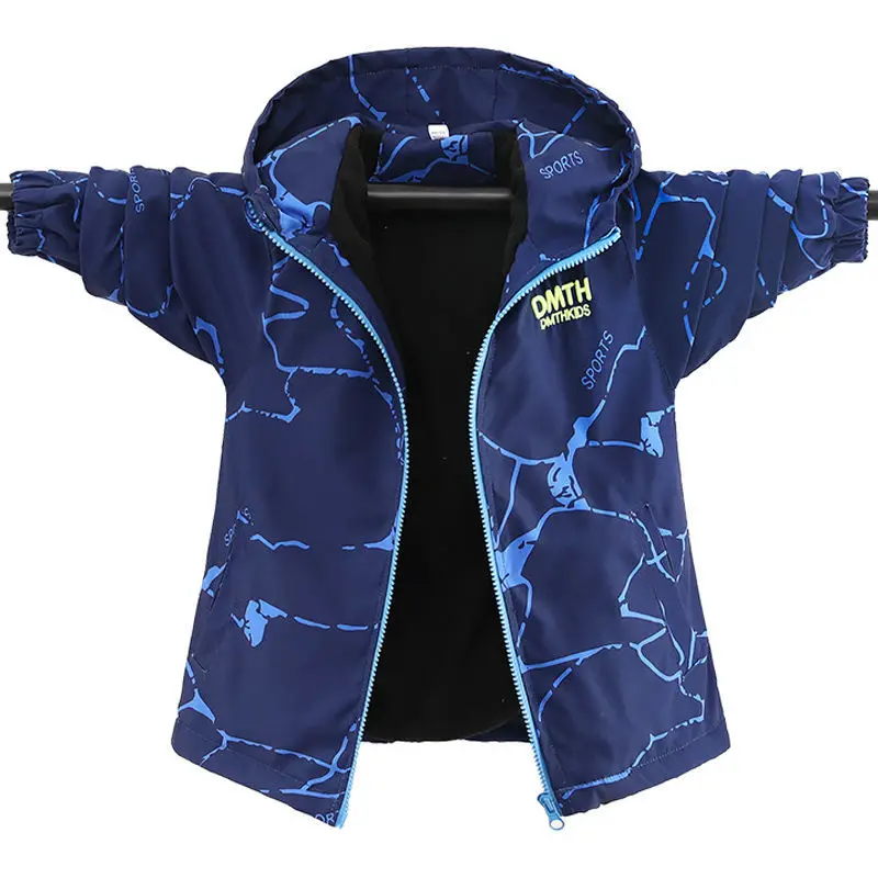

Autumn 4-13Years Teen Boys' Stormsuit Sport Hooded Plush Fleece Lining Jackets For Children's Windbreakers Warterproof Coats