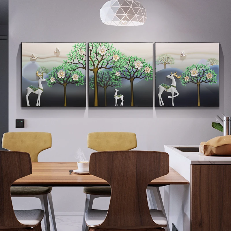 

Simple Modern Living Room Decorative Painting Corridor Mural Light Luxury Painting Lucky Deer Feng Shui Triptych