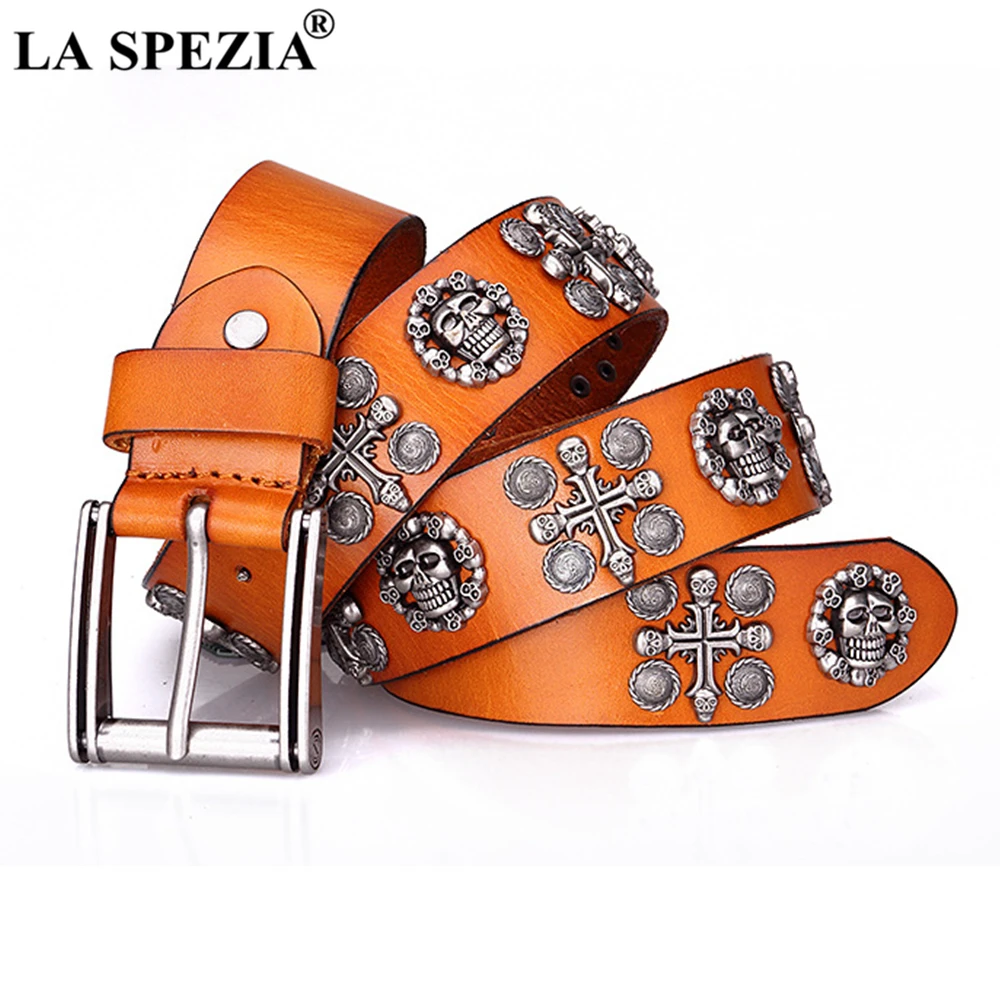 

Мужской ремень с черепами LA SPEZIA, ремень из натуральной воловьей кожи в стиле панк, уличные аксессуары желтого, черного и кофейного цвета