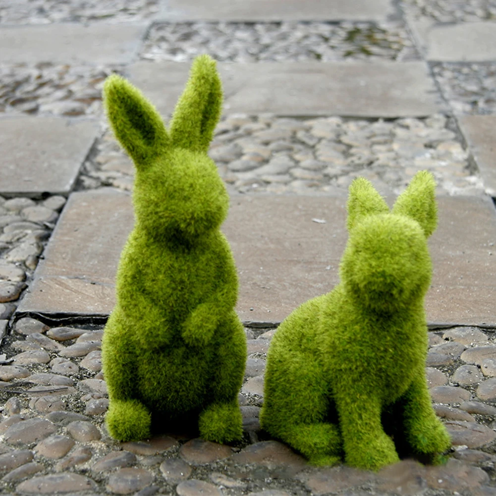 

Easter Furry Flocked Bunny Easter Simulation Rabbit Green Resin Ornaments Rabbit Spring Table Garden Decorations
