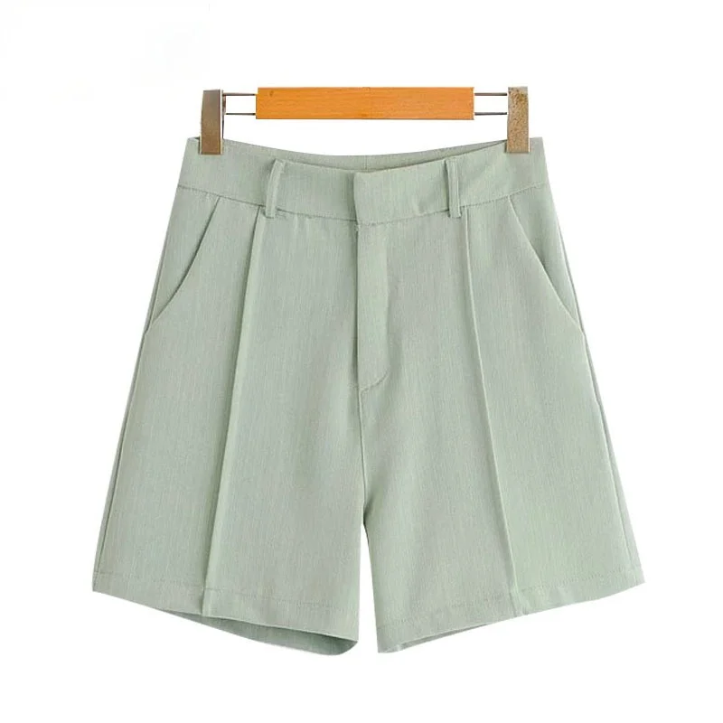 

Women Chic Fashion Side Pockets Straight Shorts Vintage High Waist Zipper Female Short Pants