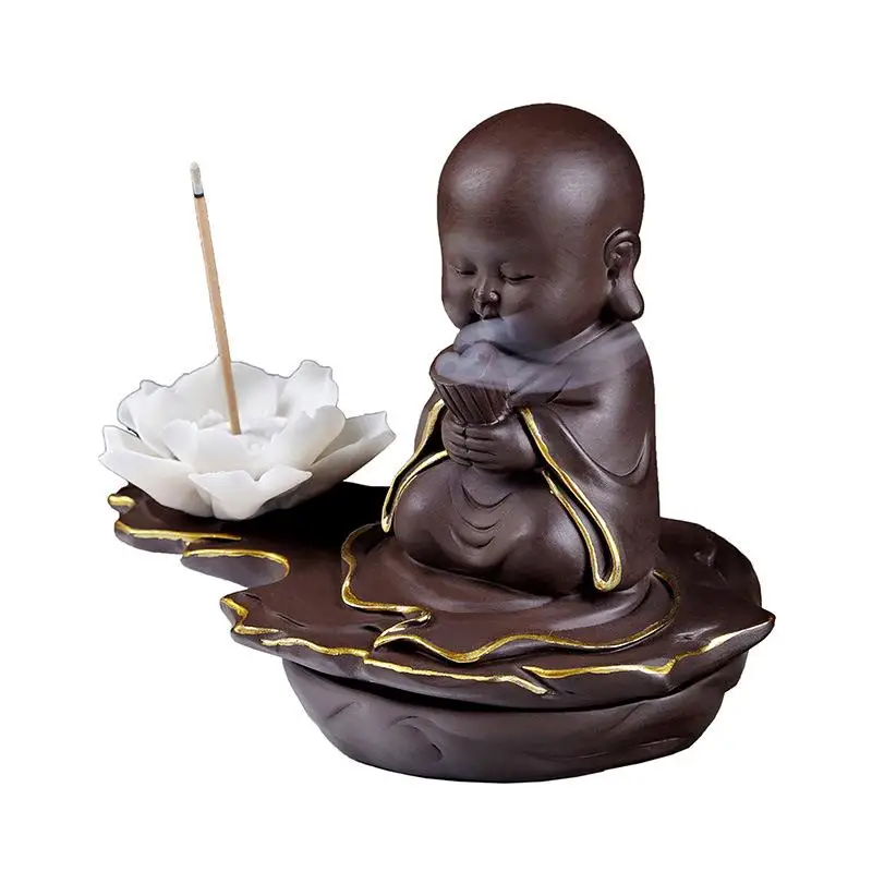 

The Little Monk Incense Burner Smoke Waterfall Incense Sticks Holder Meditation Purple Sand Ceramic Censer Buddhist Decoration