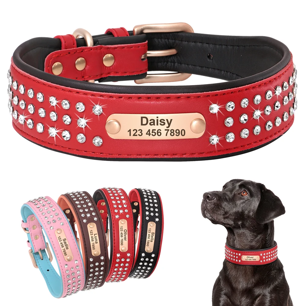 

Rhinestone Custom Dog Collar Personalized Leather Dog Collar Adjustable Engraved Nameplate Pet Collars For Medium Large Dogs