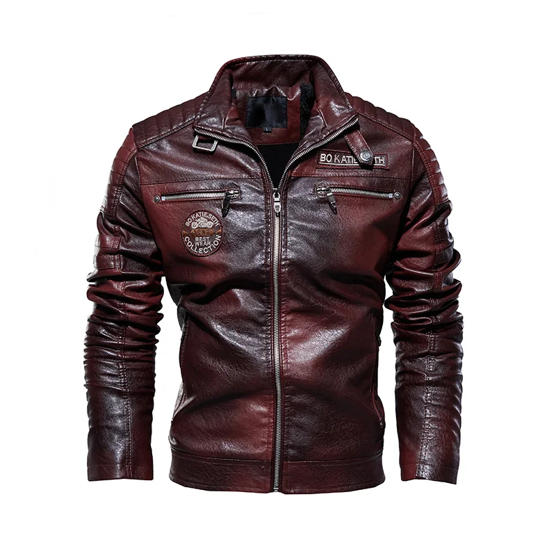 

Faux Leather Jacket Men Autumn Winter Fleece Motorcycle PU Leather Jacket Male Stand Collar Casual Windbreaker Slim Fit Coat 134