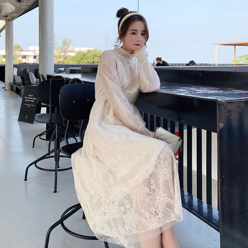 

TVVOVVIN 2021 Spring New Stand Collar High Waist Fashion Dress Long Sleeve Lace Loose Ankle-length Dress U9LY