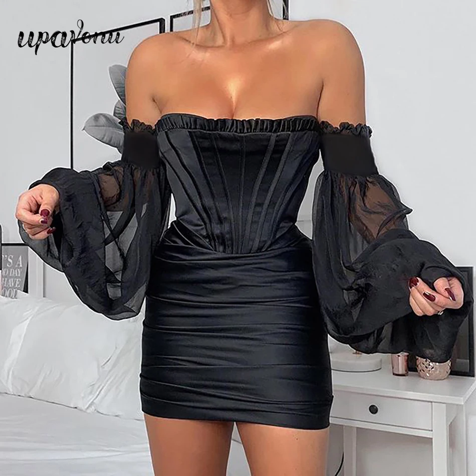 UpAvonu черное Сетчатое мини платье с открытыми плечами и рюшами сексуальное