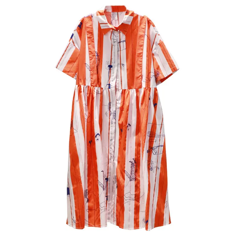 

XITAO Contrast Color Stripe Print Dress Loose Large Size Turn-down Collar Shirt Dress 2021 Summer New Fashion Women WMD2145