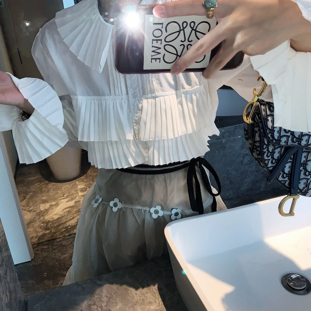 

White Pleated Shirt Women 2021 Spring Summer New Flare Long Sleeve Doll Collar French ruffled Cotton Blouses Tops Female Trendy