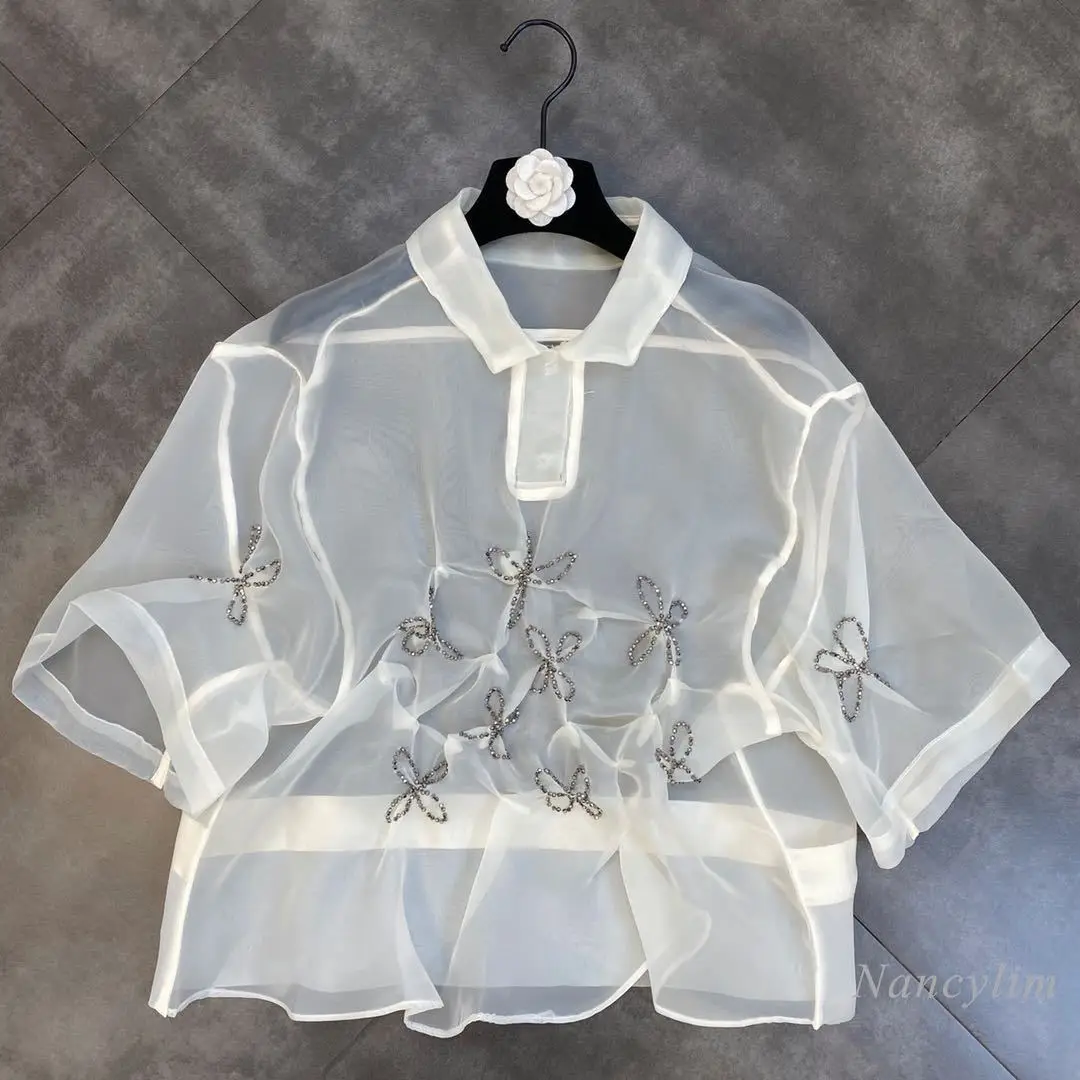 

Oversized Shirts for Women 2021 Summer Lapel Short Sleeve Pinch Folding Beaded Small Flower See-through Organza Blouse Blusas
