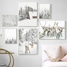 Картина на холсте с изображением зимнего пейзажа, оленя, снежного леса, нордический Декор для дома, плакат в скандинавском стиле