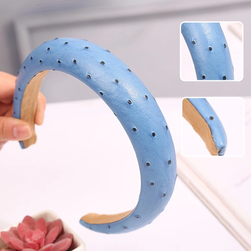 

5Pcs Women Imitation Leather Headband Thick Sponge Padded Vintage Wide Hair Hoop Solid Color Ostrich Pattern Bandana