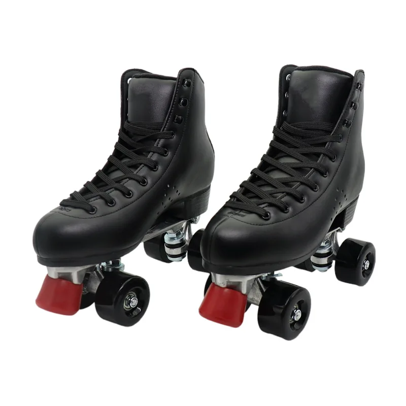 Black Cowhide Roller Skates Double Line Unisex Adults Children Sport Patines Fitness Sport Exercise Quad Skates Boots Size 35-44
