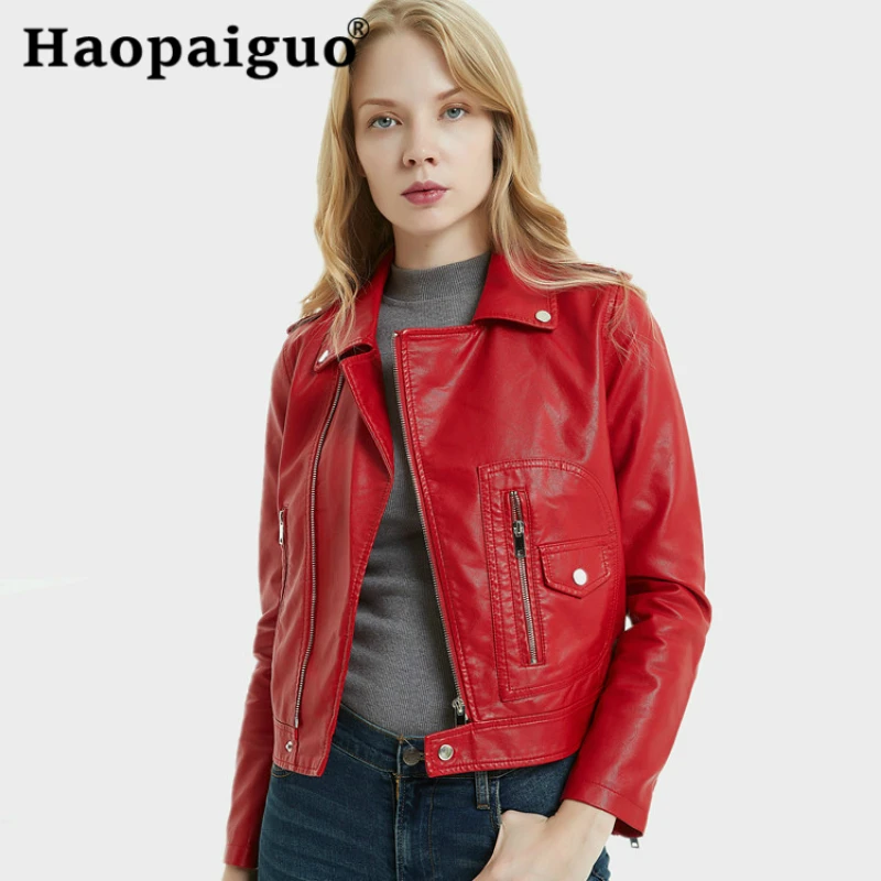 

Лидер продаж 2019, модная Осенняя Новая женская короткая кожаная куртка, облегающая длинная мотоциклетная красная куртка из искусственной ко...