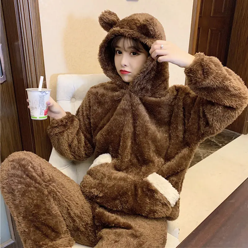 

QWEEK Bear Hooded Pajama Set Women Kawaii Brown Pijamas Winter Warm Sleepwear Set Woman 2 Piece Pyjamas Cute Loungewear Suit Pjs