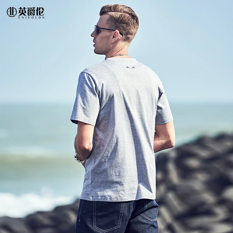 

Enjeolon 100% cotton men Casual short sleeved T shirt Trendy Simplicity print O-neck T shirt T8726