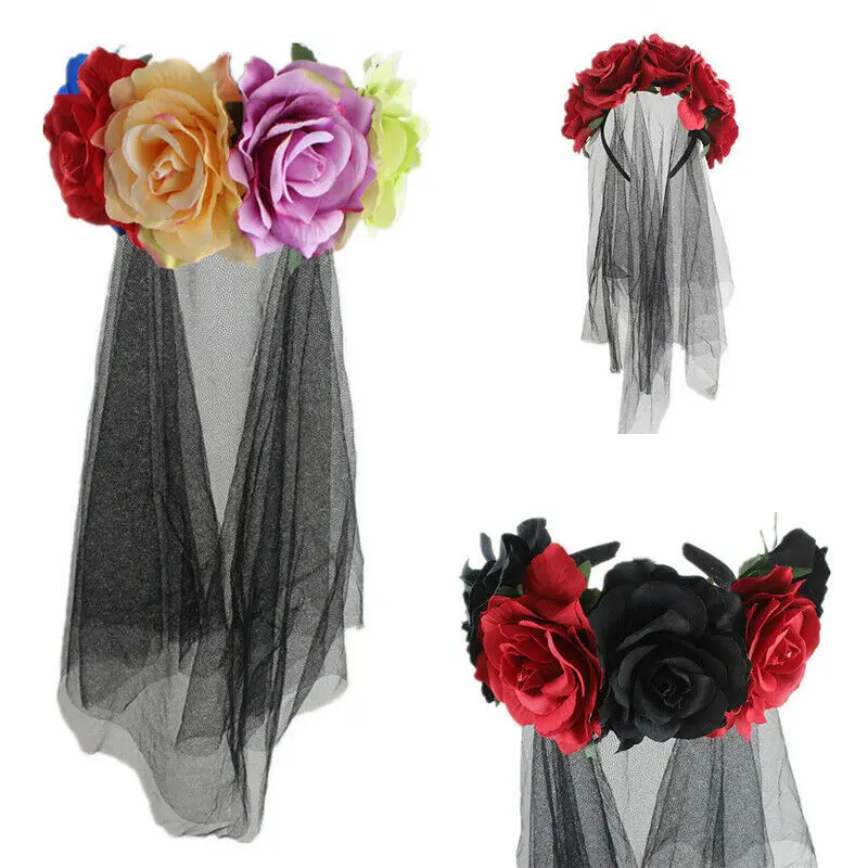 Halloween Day of the Dead Evil Red Rose Female Headdress Fancy Dress Costume Party Horror Spooky Props Flower Headband | Дом и сад