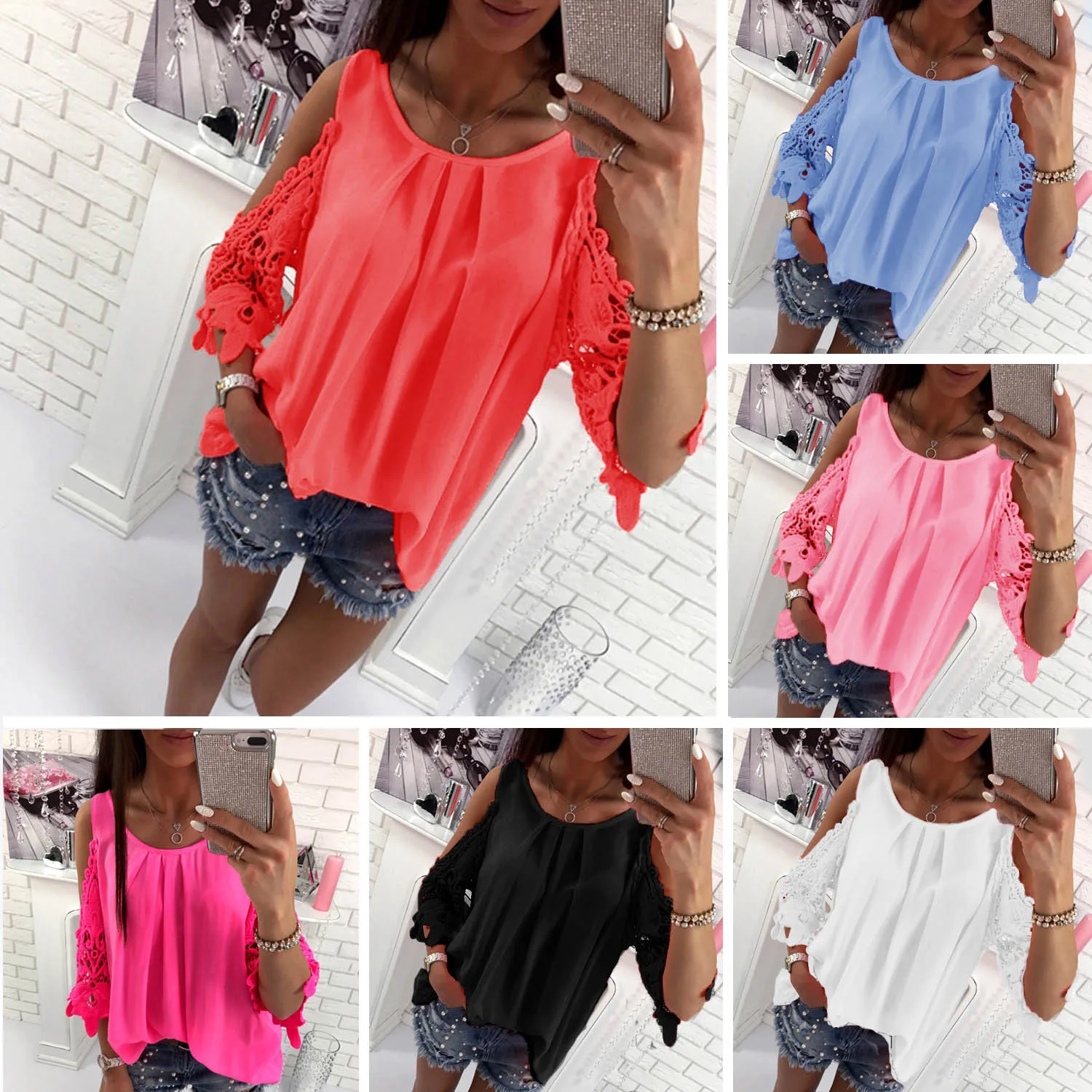 

2020 Summer New Style Strapless Lace Casual Chiffon Shirt Women Loose Hollow Sleeve Blouse Elegant Female Top Female Pullover