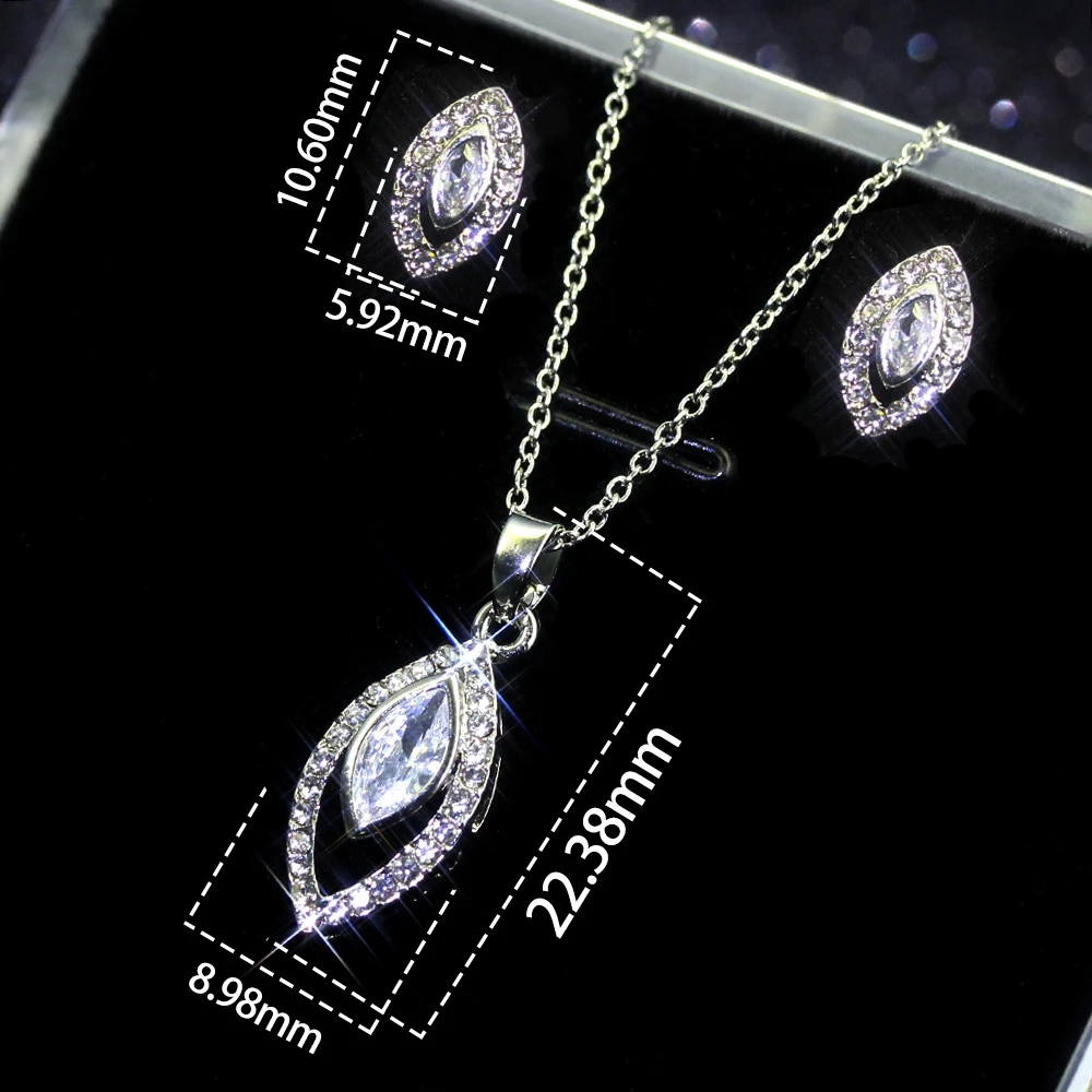 Horse Eyes Zircon Stud Earring + Collar Necklace Jewelry Set Simulated Diamond for Women Wedding 925 Silver Plated | Украшения и