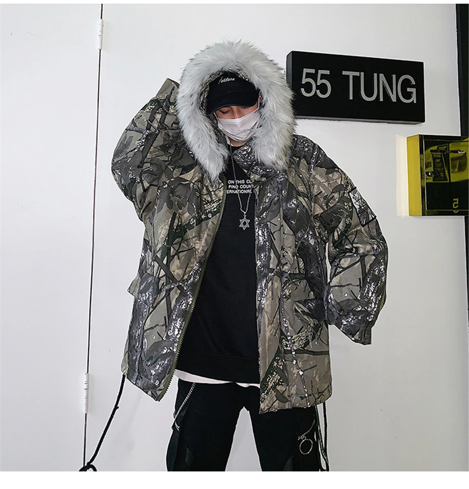 Winter Hip Hop Parkas Men Camouflage Jackets Fur Collar Hooded Thick Windbreaker Coats Outwear Streetwear Plus Size HZ158