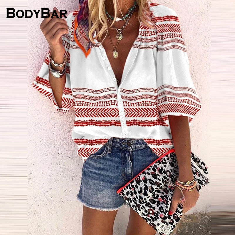 

Large Size Striped Printed V-neck Tops Fashion Casual Button Women Trendy Loose T Shirts Daily Half Sleeves Clothing Spring Tees